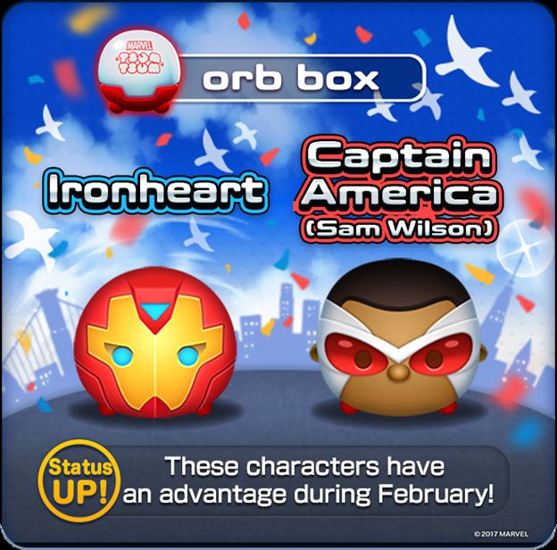 Marvel Tsum Tsum Game News! Captain America (Sam Wilson) and Ironheart now available in the Orb Box!