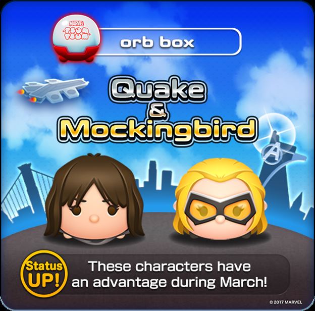 Marvel Tsum Tsum Game News! Quake and Mockingbird added to Orb Box and Red She-Hulk added to Coin Box!