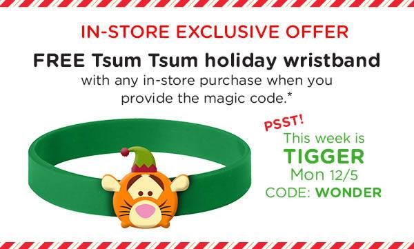 Fourth Tsum Tsum Holiday Wristband available today at the Disney Store with code: WONDER!